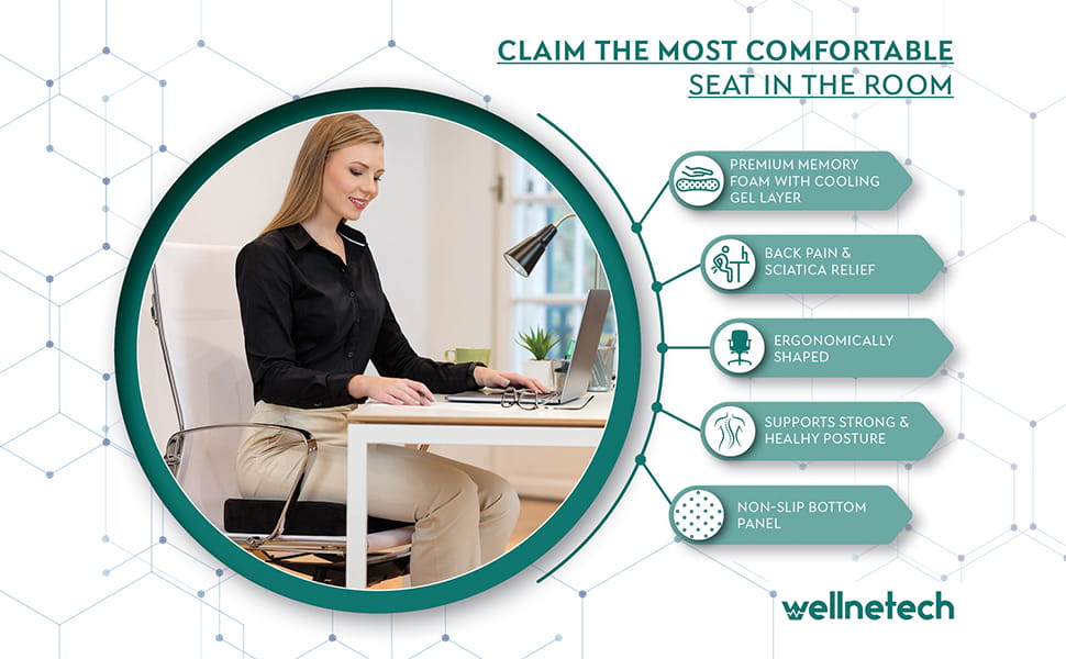 Promo photo and graphics for Wellnetech memory foam cushion
